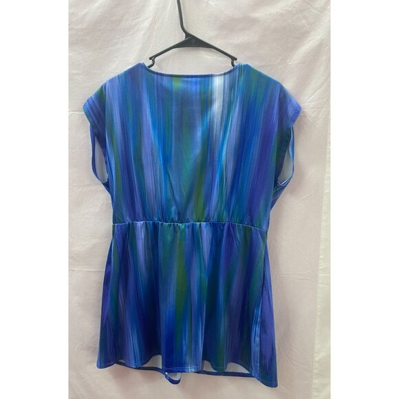 Women's Size LG Blue & Green Cap Sleeve V-Neck Pull-over Blouse w Buckle Accent - Picture 2 of 9